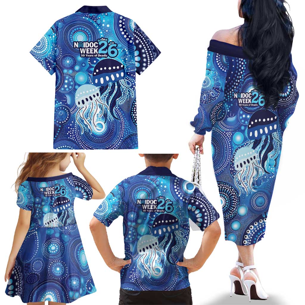 NAIDOC Deadly 50 Years Family Matching Off The Shoulder Long Sleeve Dress and Hawaiian Shirt Jellyfish Aboriginal Culture Inspired Blue
