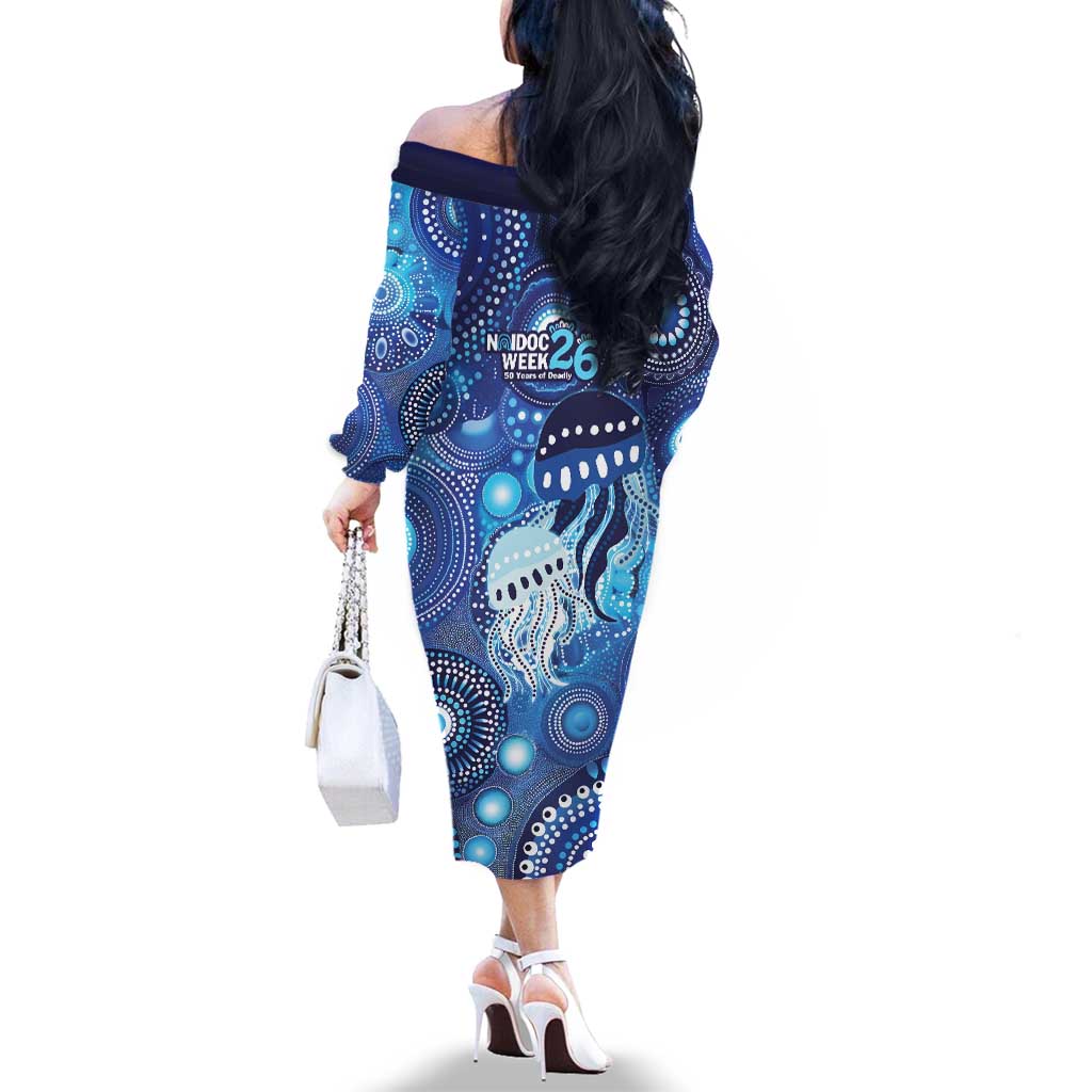 NAIDOC Deadly 50 Years Family Matching Off The Shoulder Long Sleeve Dress and Hawaiian Shirt Jellyfish Aboriginal Culture Inspired Blue