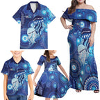 NAIDOC Deadly 50 Years Family Matching Off Shoulder Maxi Dress and Hawaiian Shirt Jellyfish Aboriginal Culture Inspired Blue