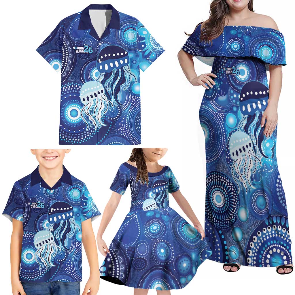 NAIDOC Deadly 50 Years Family Matching Off Shoulder Maxi Dress and Hawaiian Shirt Jellyfish Aboriginal Culture Inspired Blue