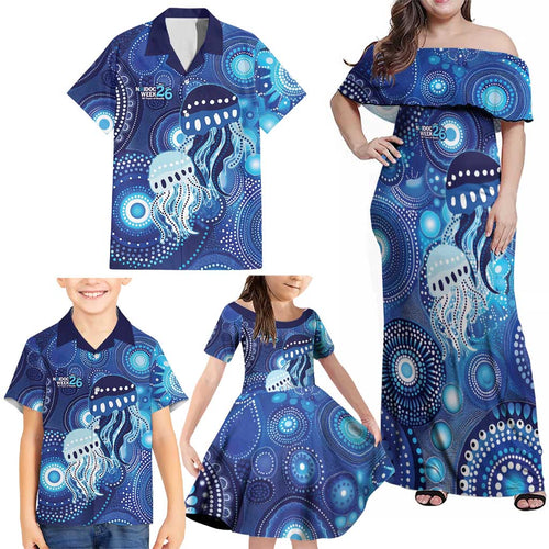 NAIDOC Deadly 50 Years Family Matching Off Shoulder Maxi Dress and Hawaiian Shirt Jellyfish Aboriginal Culture Inspired Blue