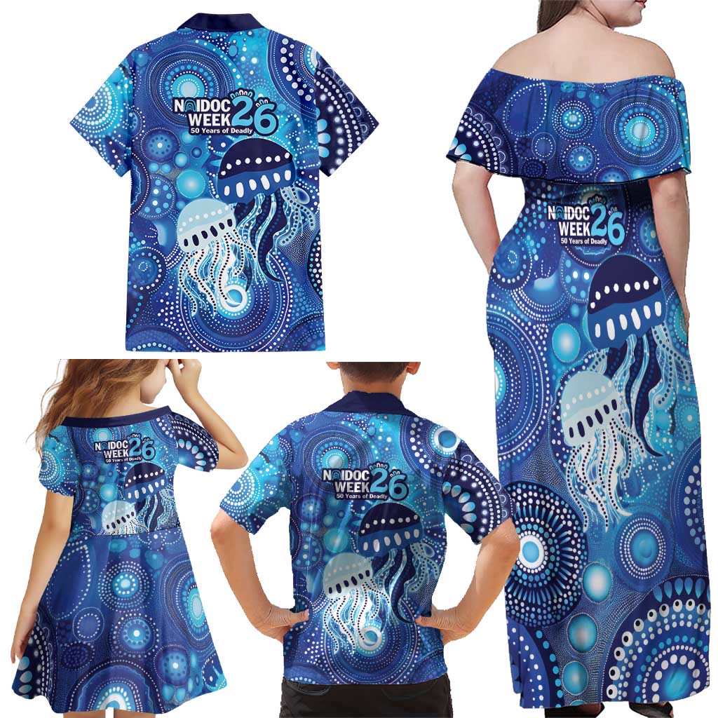 NAIDOC Deadly 50 Years Family Matching Off Shoulder Maxi Dress and Hawaiian Shirt Jellyfish Aboriginal Culture Inspired Blue