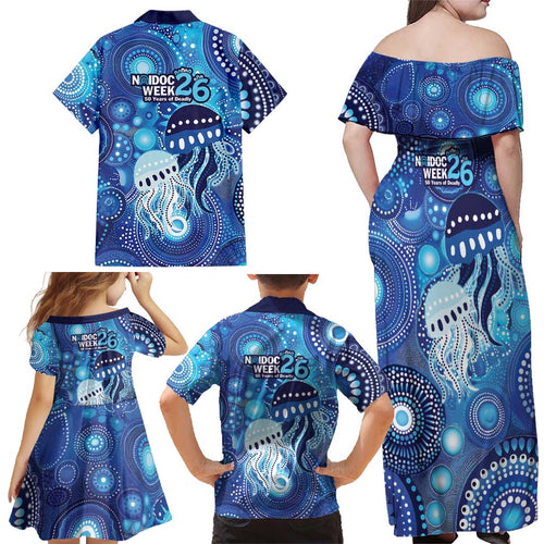 NAIDOC Deadly 50 Years Family Matching Off Shoulder Maxi Dress and Hawaiian Shirt Jellyfish Aboriginal Culture Inspired Blue
