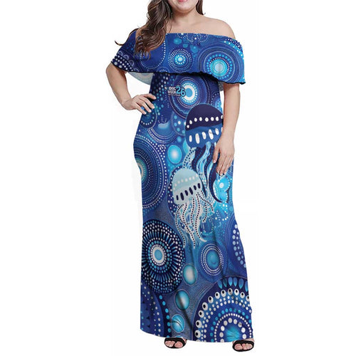 NAIDOC Deadly 50 Years Family Matching Off Shoulder Maxi Dress and Hawaiian Shirt Jellyfish Aboriginal Culture Inspired Blue