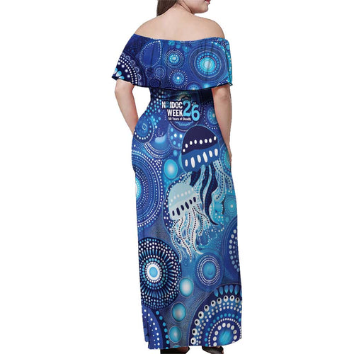 NAIDOC Deadly 50 Years Family Matching Off Shoulder Maxi Dress and Hawaiian Shirt Jellyfish Aboriginal Culture Inspired Blue