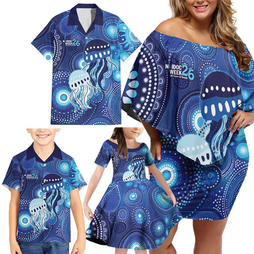 NAIDOC Deadly 50 Years Family Matching Off Shoulder Short Dress and Hawaiian Shirt Jellyfish Aboriginal Culture Inspired Blue