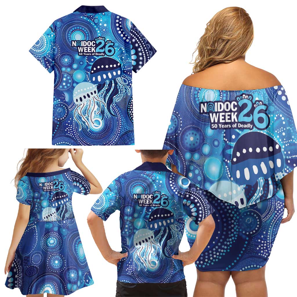 NAIDOC Deadly 50 Years Family Matching Off Shoulder Short Dress and Hawaiian Shirt Jellyfish Aboriginal Culture Inspired Blue