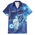NAIDOC Deadly 50 Years Family Matching Off Shoulder Short Dress and Hawaiian Shirt Jellyfish Aboriginal Culture Inspired Blue
