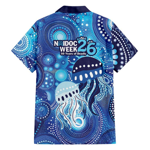 NAIDOC Deadly 50 Years Family Matching Off Shoulder Short Dress and Hawaiian Shirt Jellyfish Aboriginal Culture Inspired Blue
