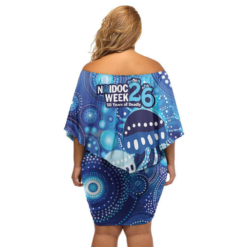 NAIDOC Deadly 50 Years Family Matching Off Shoulder Short Dress and Hawaiian Shirt Jellyfish Aboriginal Culture Inspired Blue