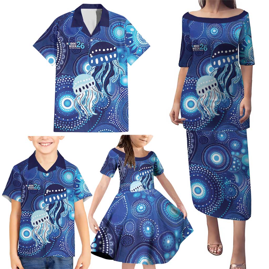 NAIDOC Deadly 50 Years Family Matching Puletasi and Hawaiian Shirt Jellyfish Aboriginal Culture Inspired Blue