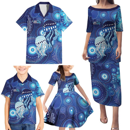 NAIDOC Deadly 50 Years Family Matching Puletasi and Hawaiian Shirt Jellyfish Aboriginal Culture Inspired Blue