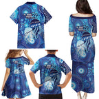 NAIDOC Deadly 50 Years Family Matching Puletasi and Hawaiian Shirt Jellyfish Aboriginal Culture Inspired Blue