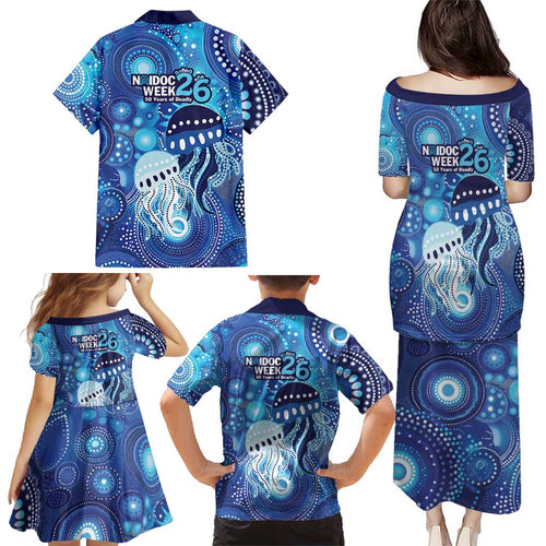 NAIDOC Deadly 50 Years Family Matching Puletasi and Hawaiian Shirt Jellyfish Aboriginal Culture Inspired Blue