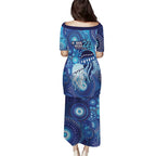 NAIDOC Deadly 50 Years Family Matching Puletasi and Hawaiian Shirt Jellyfish Aboriginal Culture Inspired Blue