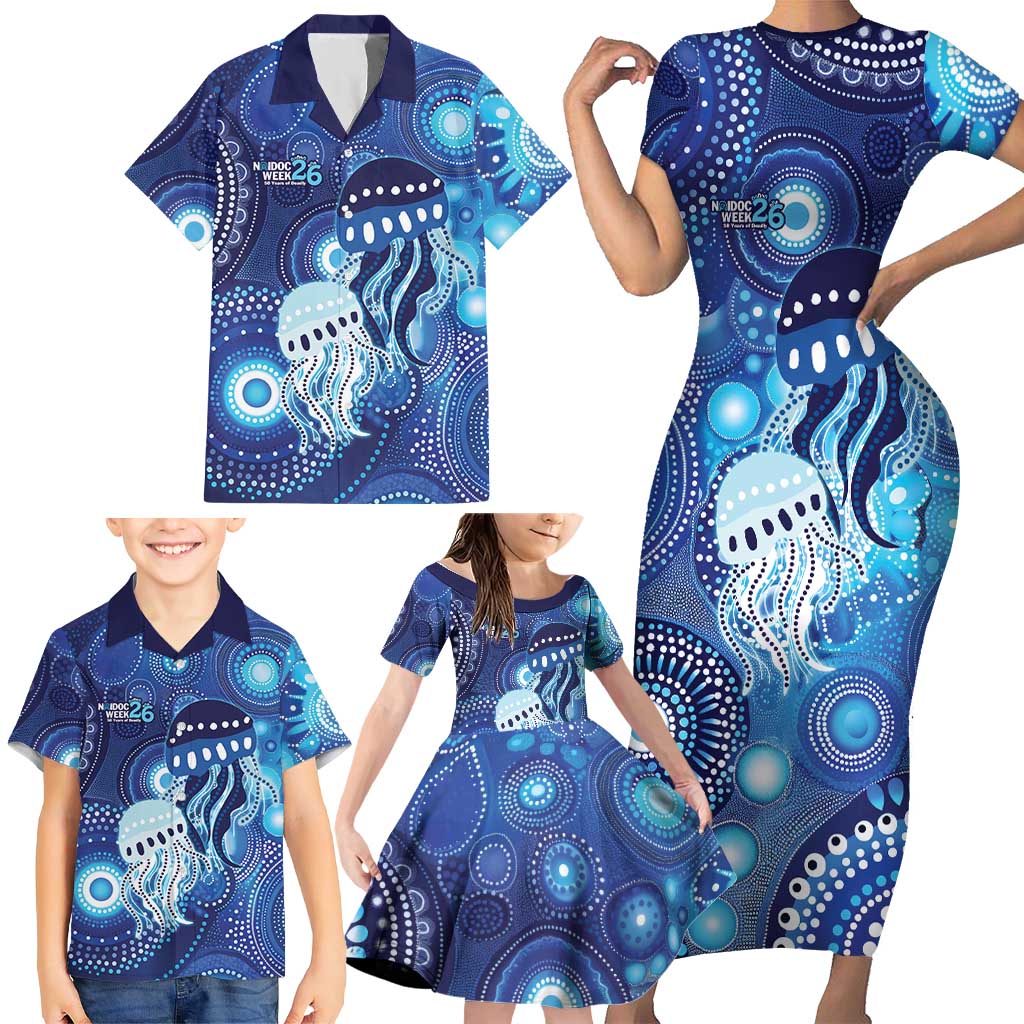 NAIDOC Deadly 50 Years Family Matching Short Sleeve Bodycon Dress and Hawaiian Shirt Jellyfish Aboriginal Culture Inspired Blue