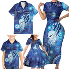 NAIDOC Deadly 50 Years Family Matching Short Sleeve Bodycon Dress and Hawaiian Shirt Jellyfish Aboriginal Culture Inspired Blue
