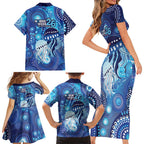 NAIDOC Deadly 50 Years Family Matching Short Sleeve Bodycon Dress and Hawaiian Shirt Jellyfish Aboriginal Culture Inspired Blue