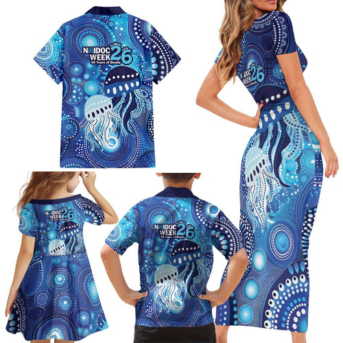 NAIDOC Deadly 50 Years Family Matching Short Sleeve Bodycon Dress and Hawaiian Shirt Jellyfish Aboriginal Culture Inspired Blue