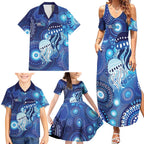NAIDOC Deadly 50 Years Family Matching Summer Maxi Dress and Hawaiian Shirt Jellyfish Aboriginal Culture Inspired Blue