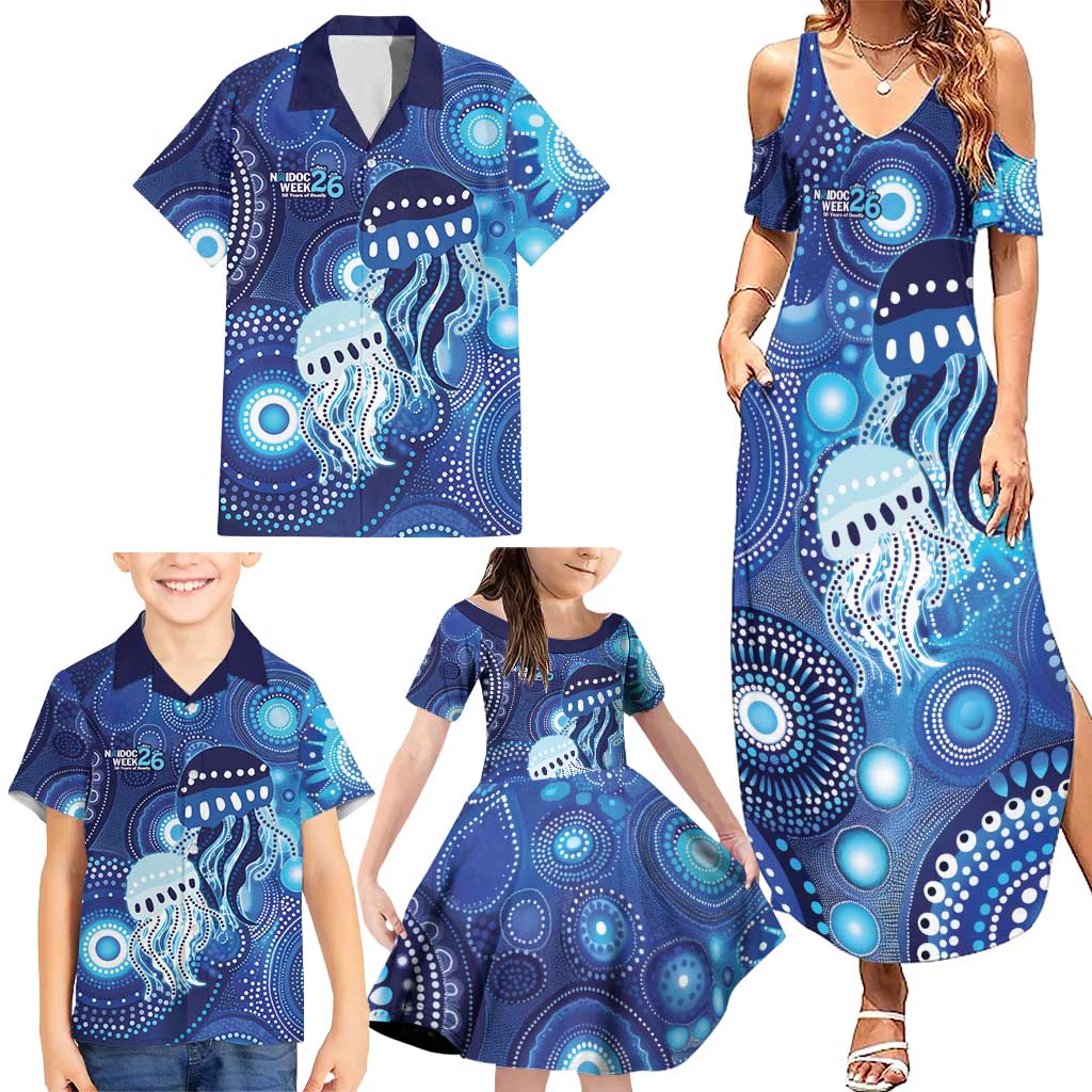 NAIDOC Deadly 50 Years Family Matching Summer Maxi Dress and Hawaiian Shirt Jellyfish Aboriginal Culture Inspired Blue
