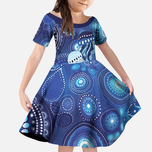 NAIDOC Deadly 50 Years Family Matching Summer Maxi Dress and Hawaiian Shirt Jellyfish Aboriginal Culture Inspired Blue