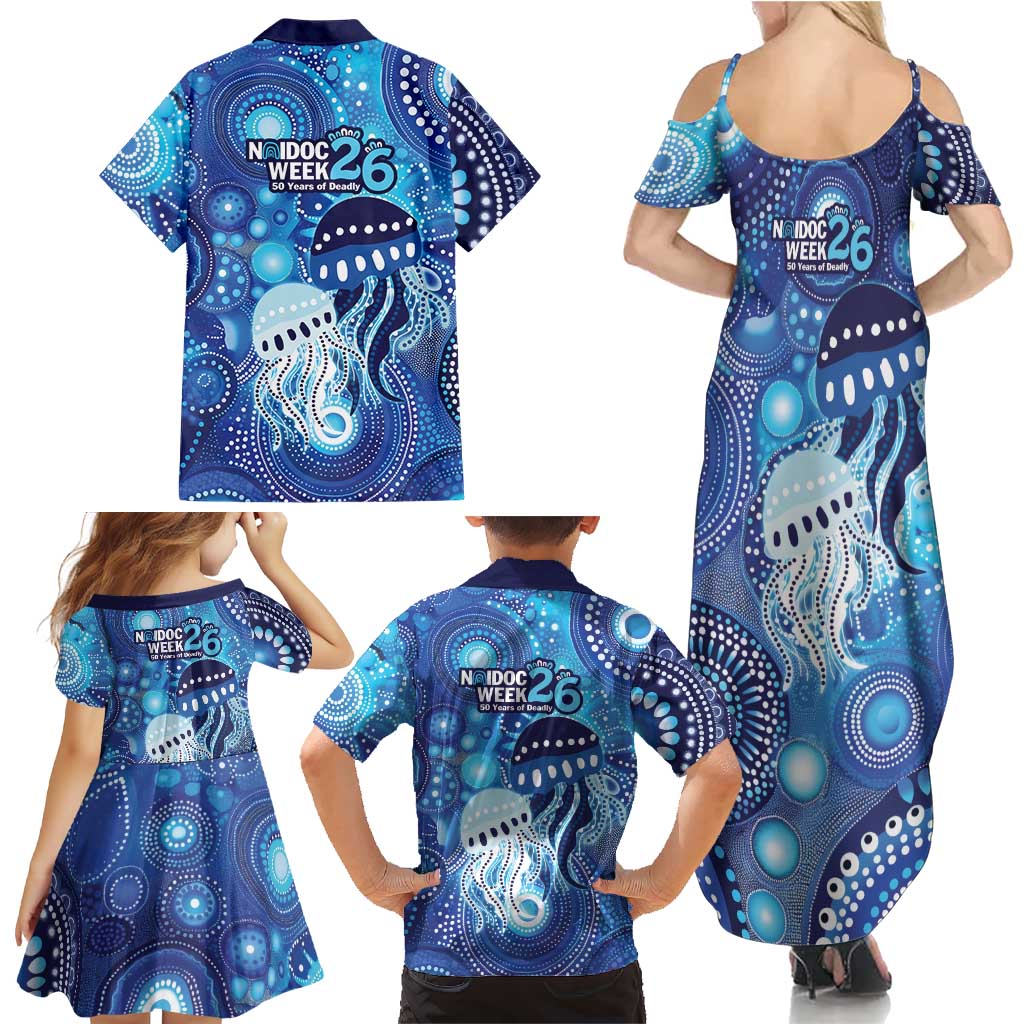 NAIDOC Deadly 50 Years Family Matching Summer Maxi Dress and Hawaiian Shirt Jellyfish Aboriginal Culture Inspired Blue