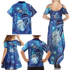 NAIDOC Deadly 50 Years Family Matching Summer Maxi Dress and Hawaiian Shirt Jellyfish Aboriginal Culture Inspired Blue