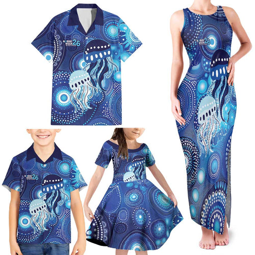 NAIDOC Deadly 50 Years Family Matching Tank Maxi Dress and Hawaiian Shirt Jellyfish Aboriginal Culture Inspired Blue