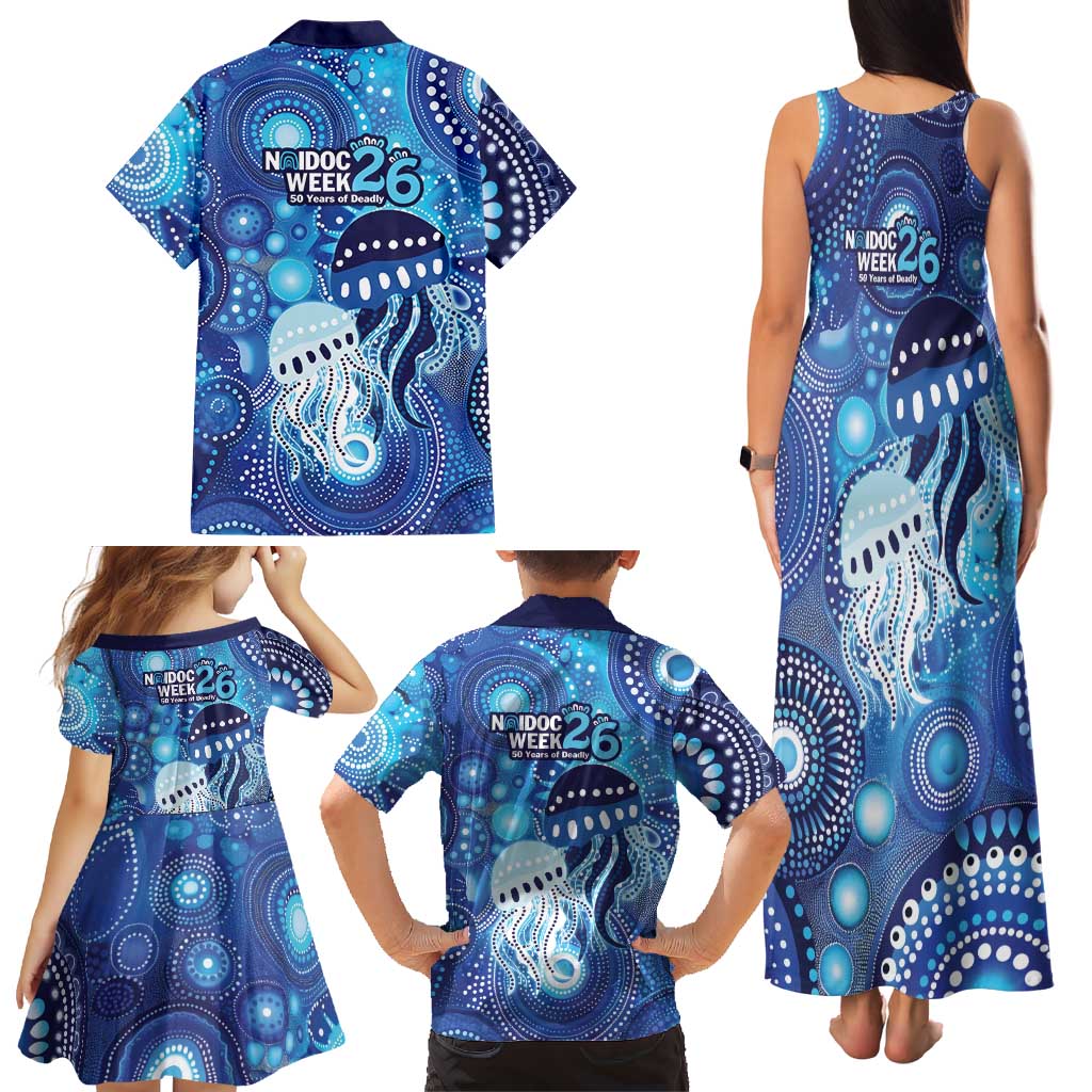 NAIDOC Deadly 50 Years Family Matching Tank Maxi Dress and Hawaiian Shirt Jellyfish Aboriginal Culture Inspired Blue