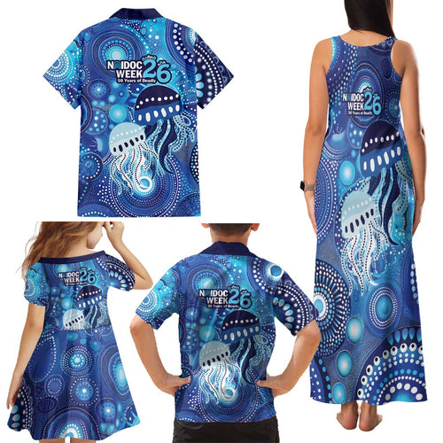 NAIDOC Deadly 50 Years Family Matching Tank Maxi Dress and Hawaiian Shirt Jellyfish Aboriginal Culture Inspired Blue