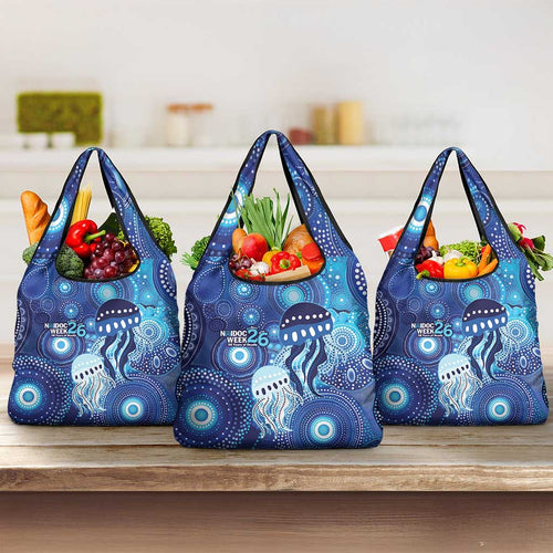 NAIDOC Deadly 50 Years Grocery Bag Jellyfish Aboriginal Culture Inspired Blue