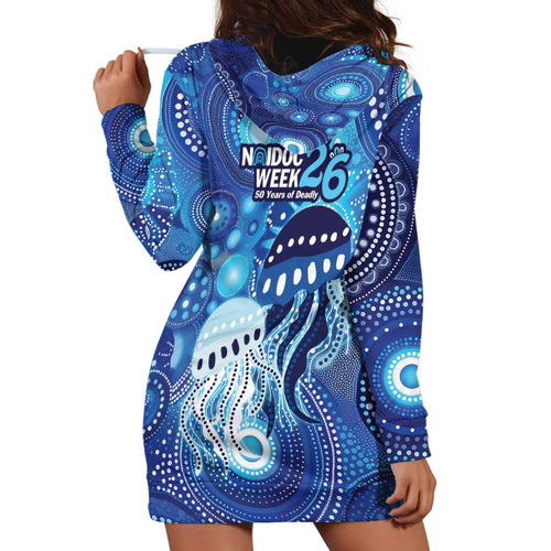 NAIDOC Deadly 50 Years Hoodie Dress Jellyfish Aboriginal Culture Inspired Blue