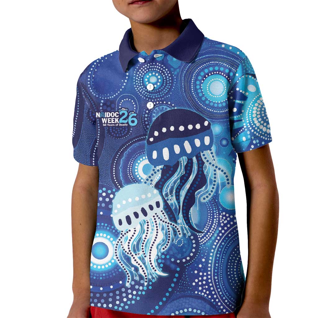 NAIDOC Deadly 50 Years Kid Polo Shirt Jellyfish Aboriginal Culture Inspired Blue