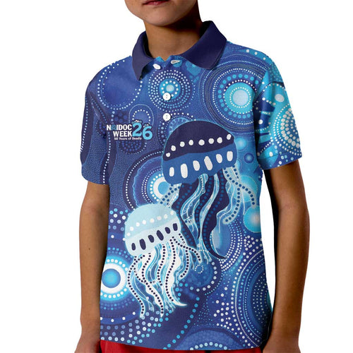 NAIDOC Deadly 50 Years Kid Polo Shirt Jellyfish Aboriginal Culture Inspired Blue