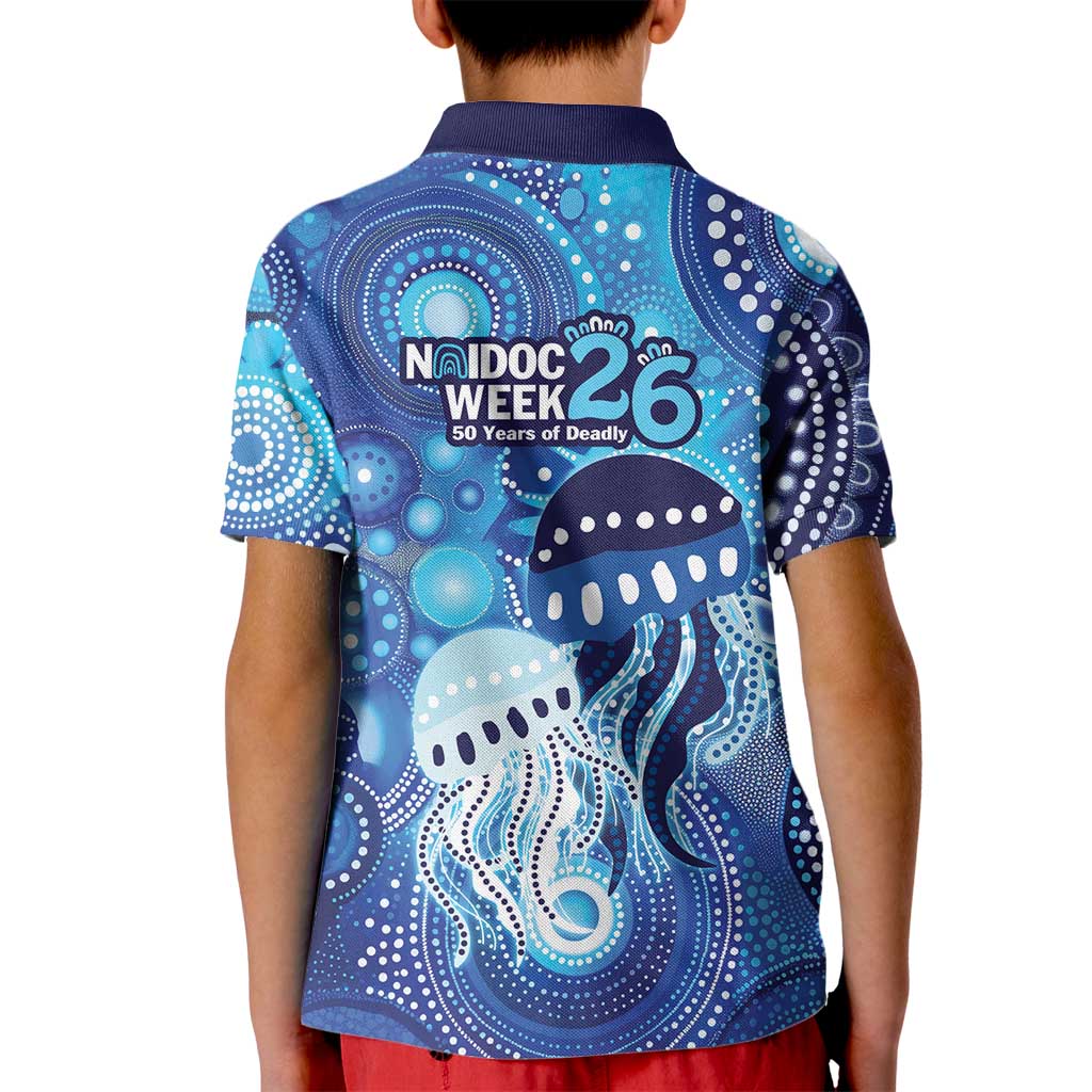 NAIDOC Deadly 50 Years Kid Polo Shirt Jellyfish Aboriginal Culture Inspired Blue