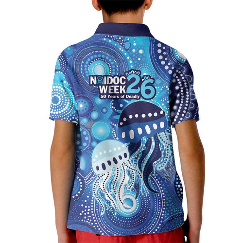 NAIDOC Deadly 50 Years Kid Polo Shirt Jellyfish Aboriginal Culture Inspired Blue