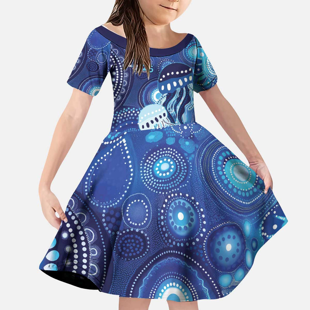 NAIDOC Deadly 50 Years Kid Short Sleeve Dress Jellyfish Aboriginal Culture Inspired Blue