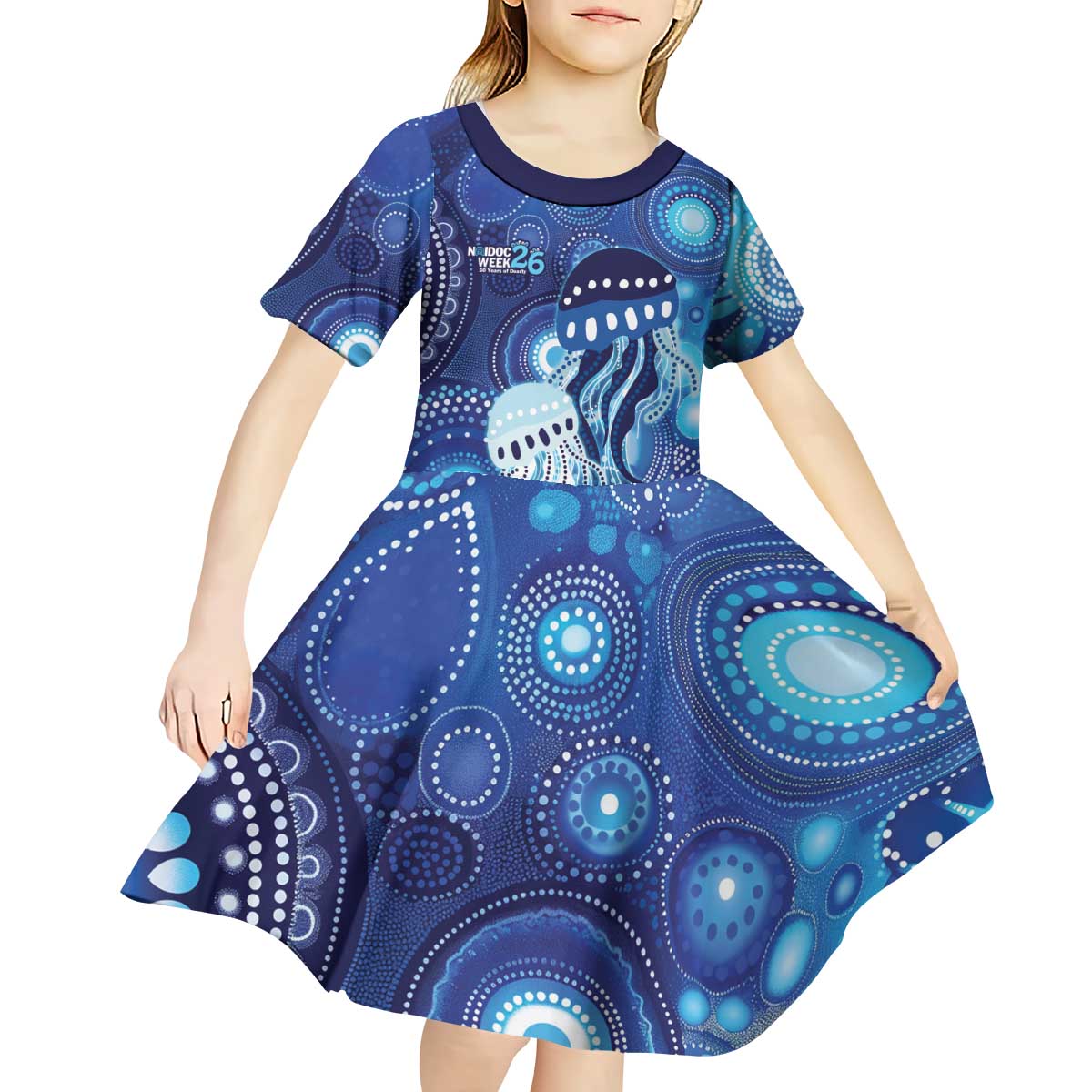 NAIDOC Deadly 50 Years Kid Short Sleeve Dress Jellyfish Aboriginal Culture Inspired Blue