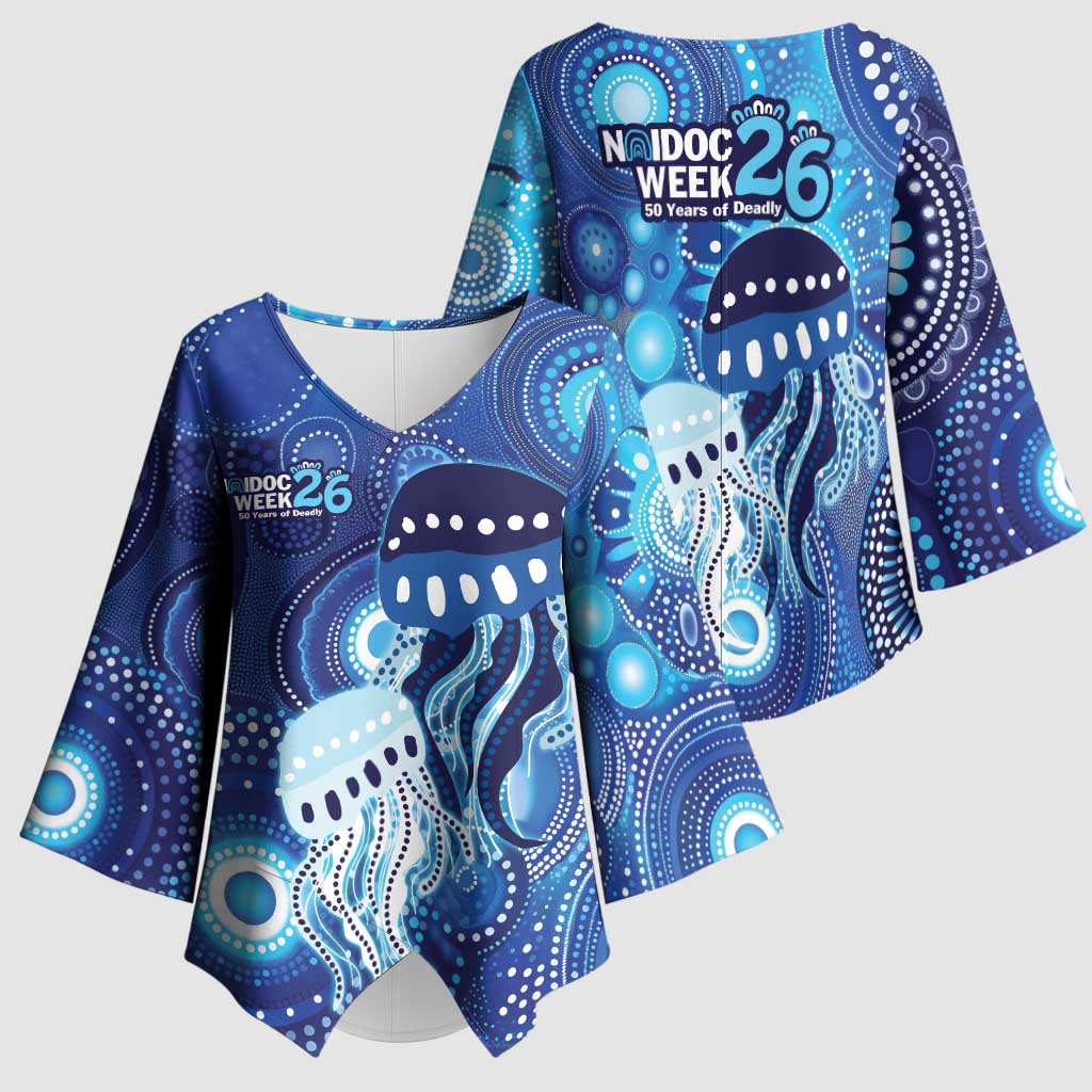 NAIDOC Deadly 50 Years Kimono Sleeve Blouse Jellyfish Aboriginal Culture Inspired Blue