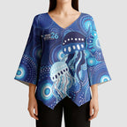 NAIDOC Deadly 50 Years Kimono Sleeve Blouse Jellyfish Aboriginal Culture Inspired Blue