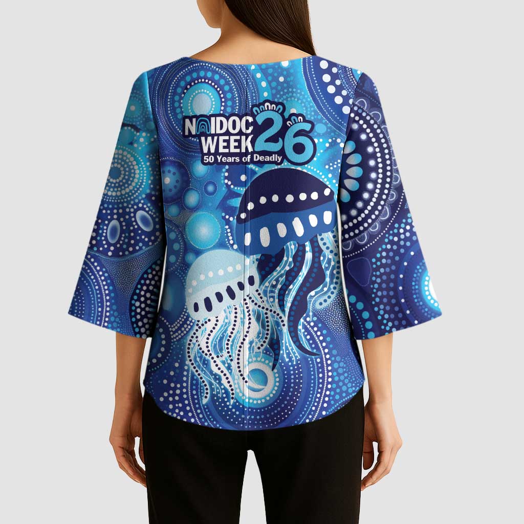 NAIDOC Deadly 50 Years Kimono Sleeve Blouse Jellyfish Aboriginal Culture Inspired Blue