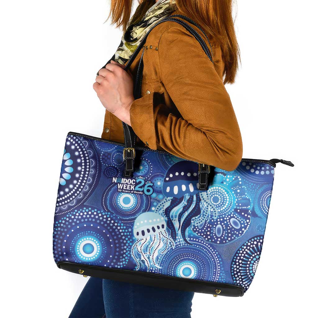 NAIDOC Deadly 50 Years Leather Tote Bag Jellyfish Aboriginal Culture Inspired Blue