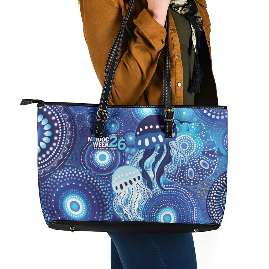 NAIDOC Deadly 50 Years Leather Tote Bag Jellyfish Aboriginal Culture Inspired Blue