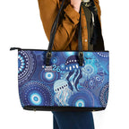 NAIDOC Deadly 50 Years Leather Tote Bag Jellyfish Aboriginal Culture Inspired Blue
