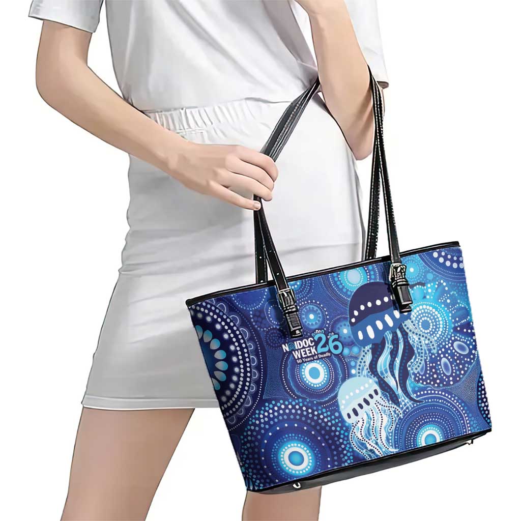 NAIDOC Deadly 50 Years Leather Tote Bag Jellyfish Aboriginal Culture Inspired Blue