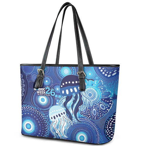 NAIDOC Deadly 50 Years Leather Tote Bag Jellyfish Aboriginal Culture Inspired Blue