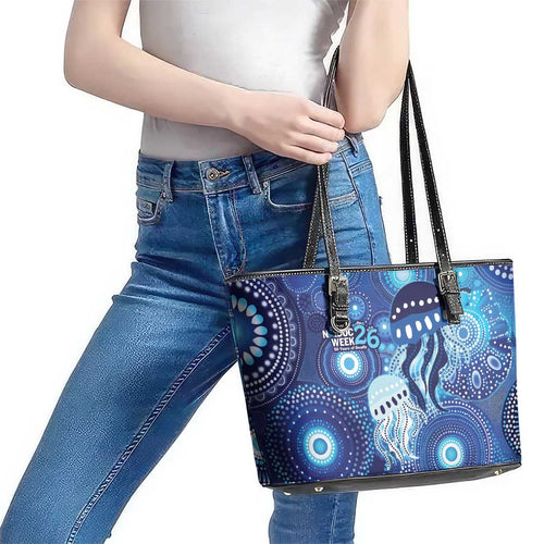 NAIDOC Deadly 50 Years Leather Tote Bag Jellyfish Aboriginal Culture Inspired Blue