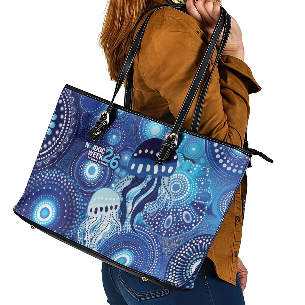 NAIDOC Deadly 50 Years Leather Tote Bag Jellyfish Aboriginal Culture Inspired Blue