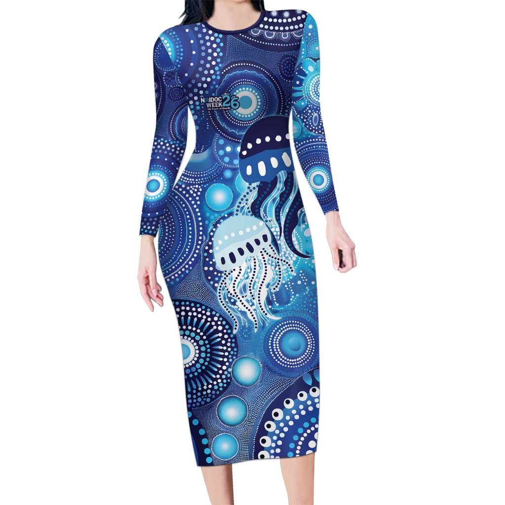 NAIDOC Deadly 50 Years Long Sleeve Bodycon Dress Jellyfish Aboriginal Culture Inspired Blue